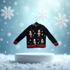 VTG Studio Joy Ugly Christmas Sweater Women's Large Cardigan Black Santa Snow